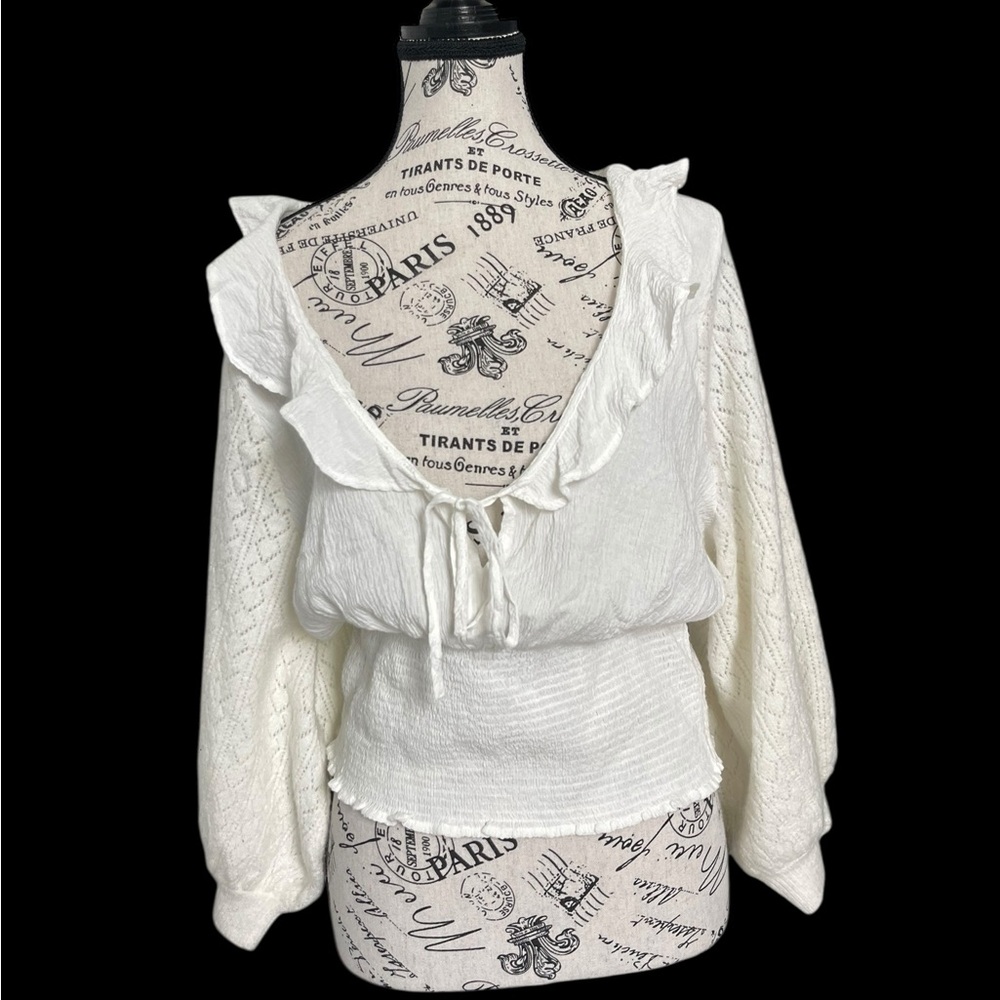 Free People Ivory Ruffle Peasant Blouse XL Smocked Waist Crochet Balloon Sleeve